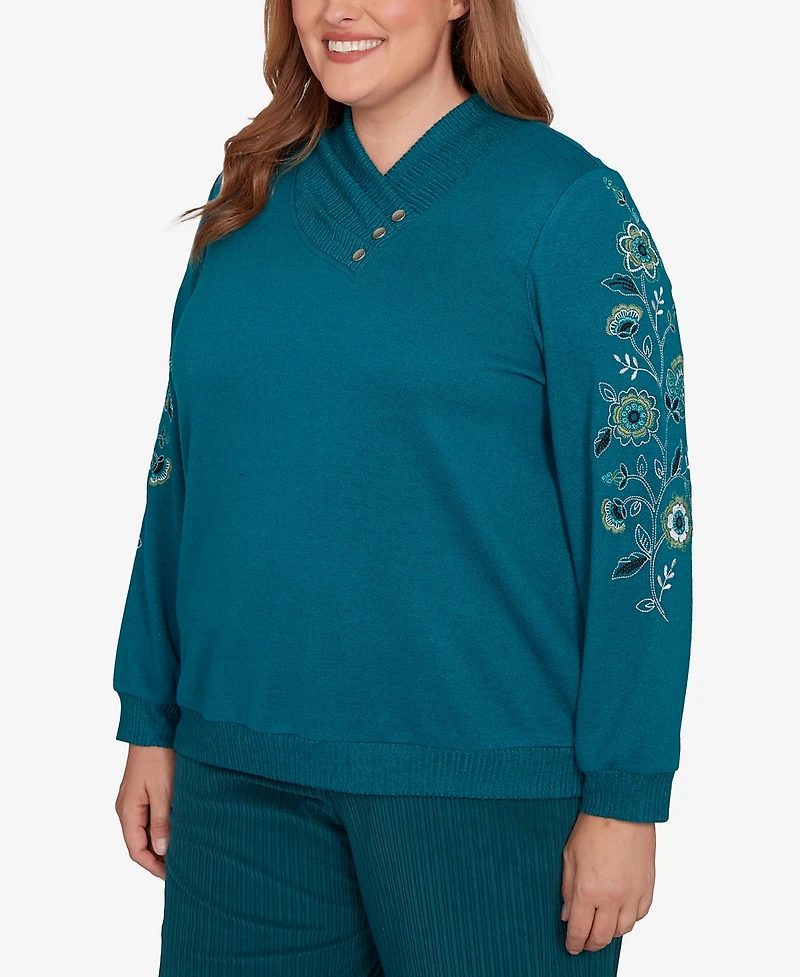 Alfred Dunner Plus Lake Champlain Embroidered Sleeve Button Detail Top