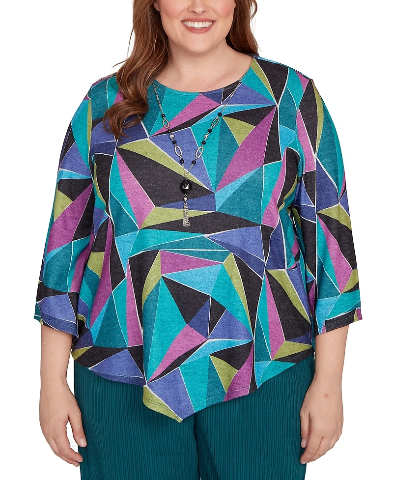 Alfred Dunner Plus Lake Champlain Abstract Stained Glass Top with Necklace