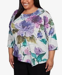 Alfred Dunner Plus Lake Champlain Asymmetrical Watercolor Flower Top