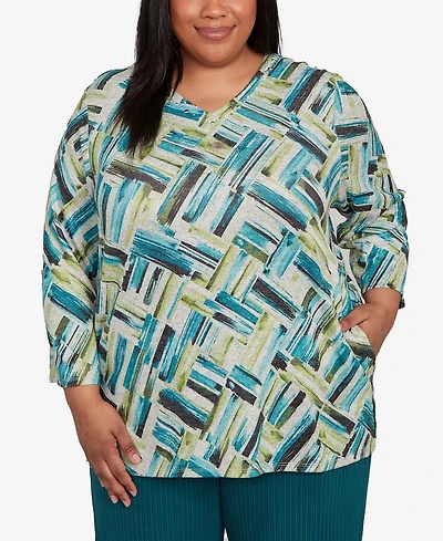Alfred Dunner Plus Lake Champlain Detailed V Neck Brushstroke Top