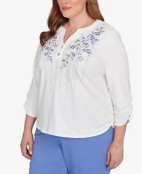 Alfred Dunner Plus Casual Vibe Geometric Floral Ruched Henley Top