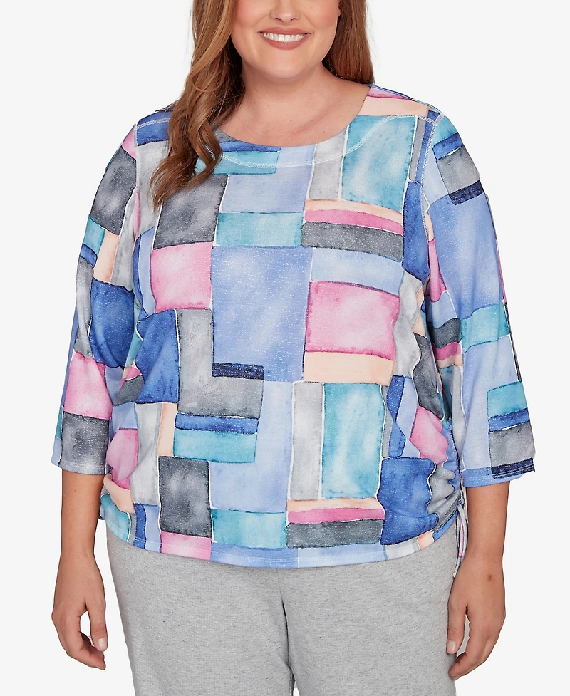 Alfred Dunner Plus Casual Vibe Tie Side Ruched Colorblock Top