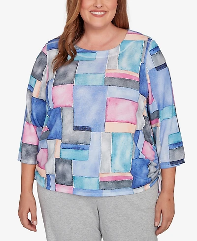 Alfred Dunner Plus Casual Vibe Tie Side Ruched Colorblock Top