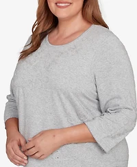 Alfred Dunner Plus Casual Vibe Asymmetrical Floral Embroidered Detail Top