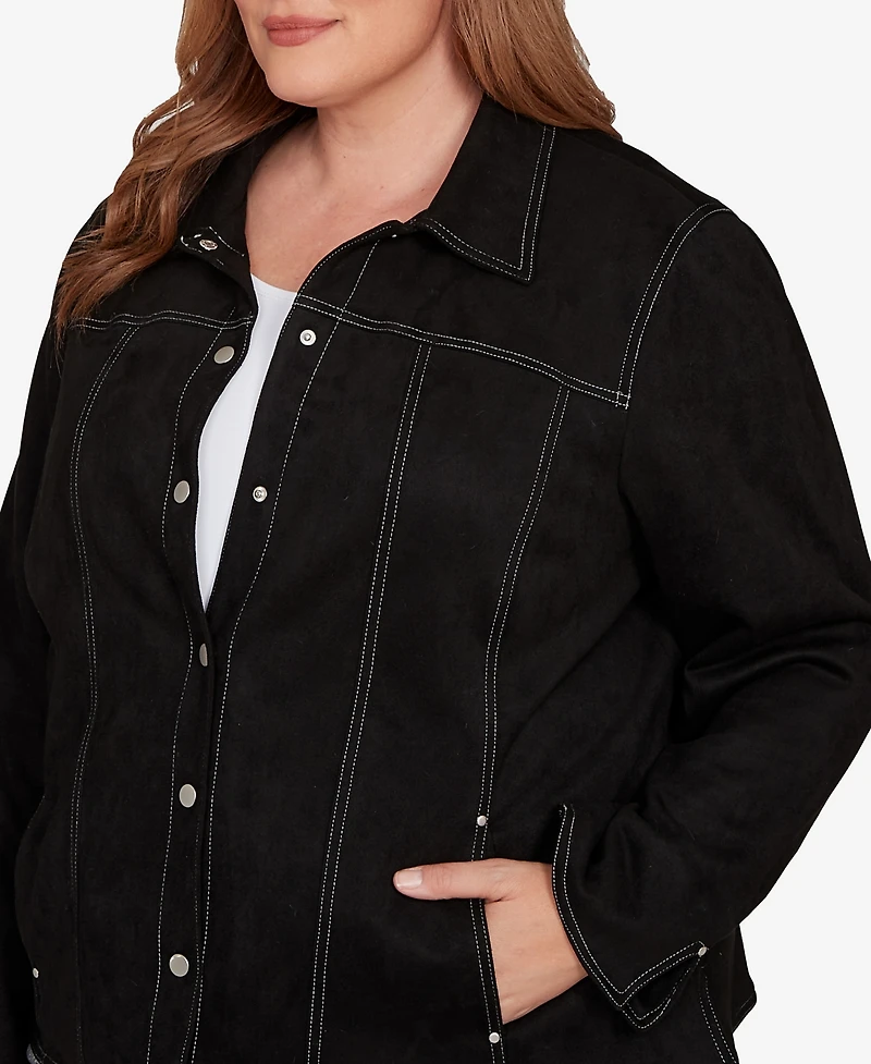 Alfred Dunner Plus Jet Setter Print Lining Faux Suede Jacket