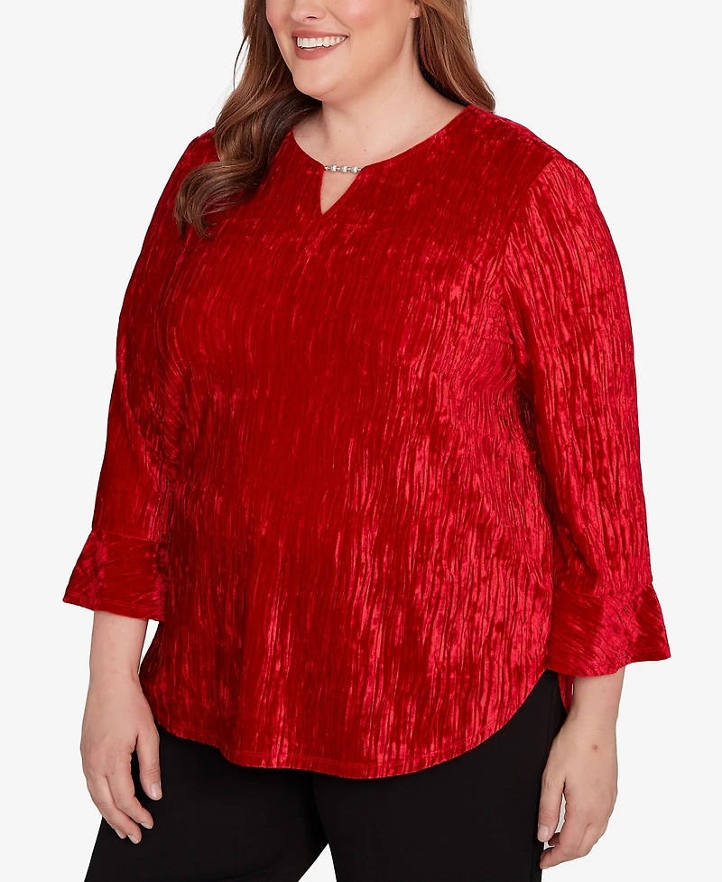 Alfred Dunner Plus Jet Setter Crushed Velvet Henley Tie Sleeve Top