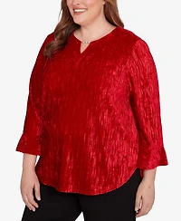 Alfred Dunner Plus Jet Setter Crushed Velvet Henley Tie Sleeve Top