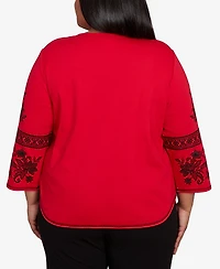 Alfred Dunner Plus Jet Setter Knit Embroidered Sleeve Beaded Split Neck Top