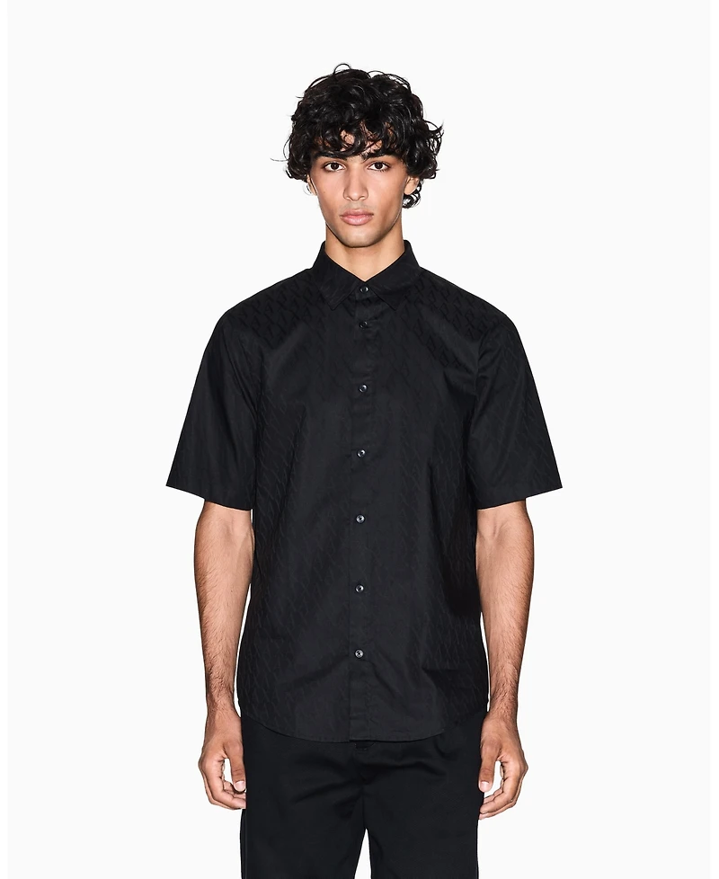 A|X Armani Exchange Men's Short Sleeve Cotton Jacquard Allover Logo Woven Shirt