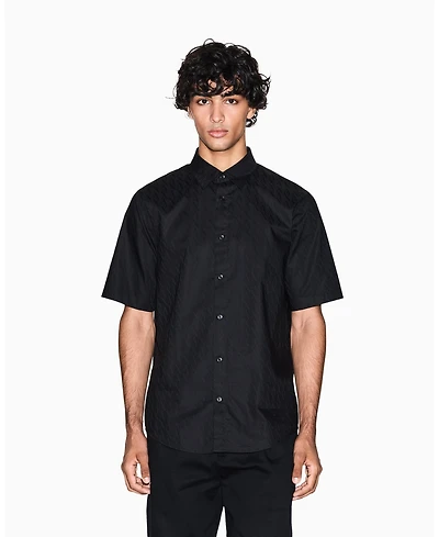 A|X Armani Exchange Men's Short Sleeve Cotton Jacquard Allover Logo Woven Shirt