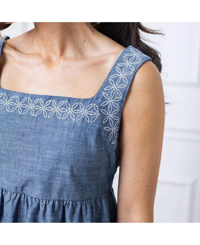 Hope & Henry Women's Organic Sleeveless Chambray Dress with Embroidery