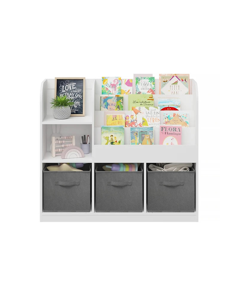 Jujabu 36 in. Wide White/Gray Multifunctional Kids Bookcase and Bookshelf with 3 Collapsible Fabric Drawers Bookcase Display Stand