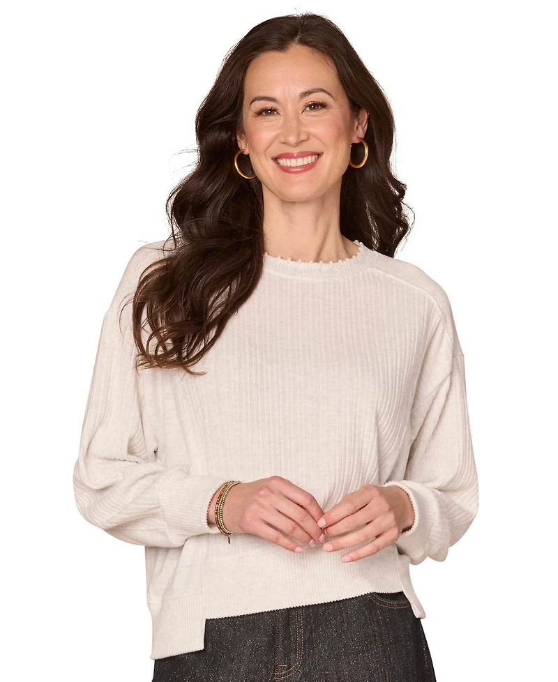 Democracy Petite Long Sleeve Mixed-Media Scoop Neck Top