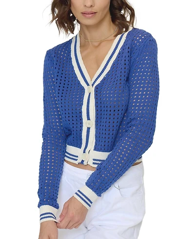 Central Park West Women's Junie Varsity Mesh Stitch Cardigan