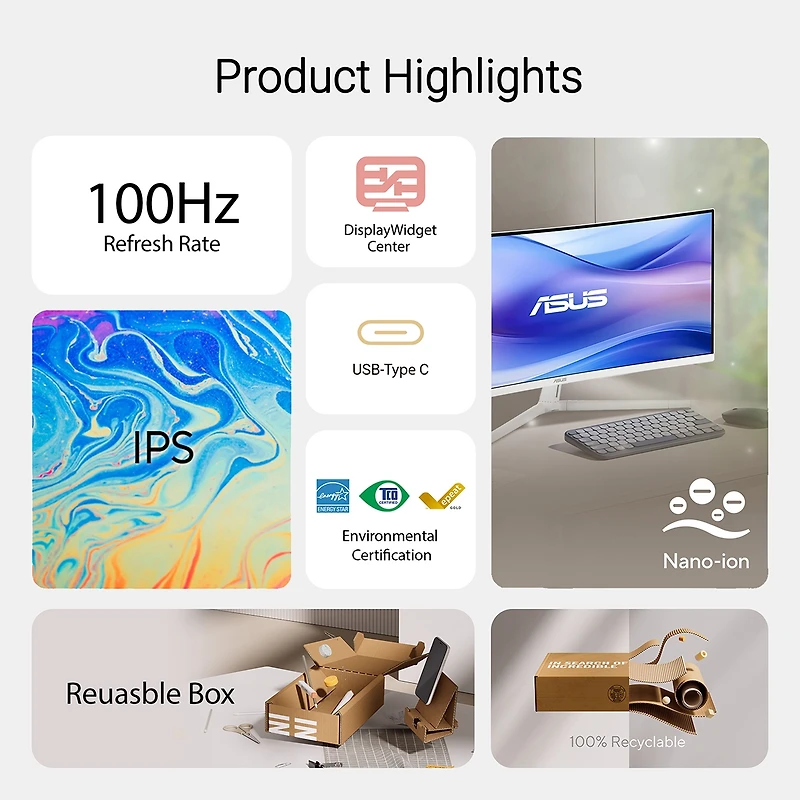 Asus VU34WCIP 34" 21:9 Uwqhd 100Hz Curved Usb-c Va Led Hdr Monitor, White