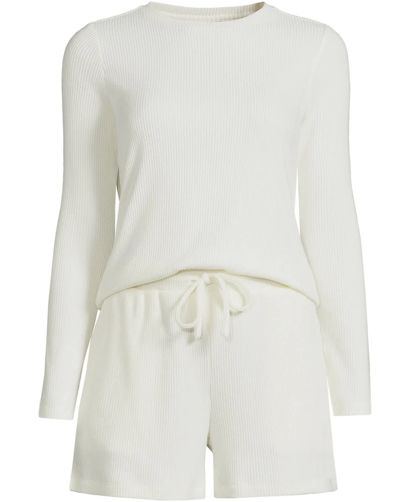Lands' End Women's Cozy Brushed Rib 2 Piece Pajama Set - Long Sleeve Top and Shorts