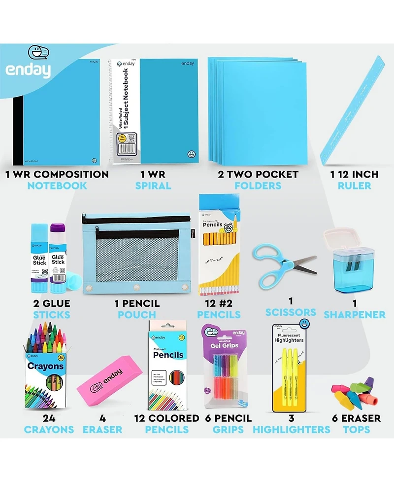 Enday School Supplies Kit for Grades K–5 – 71 Items: Composition Notebook Subject Notebook, Pencils, Folders Colored Crayons, Scissors, Glue