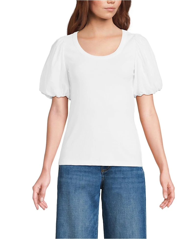 Lands' End Women's Petite Drapey Rib Puff Sleeve Scoop Neck Top