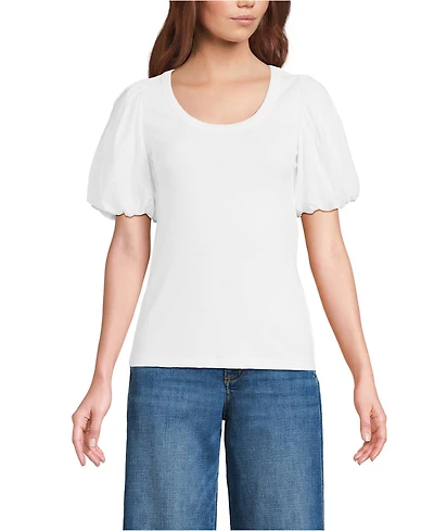 Lands' End Women's Petite Drapey Rib Puff Sleeve Scoop Neck Top