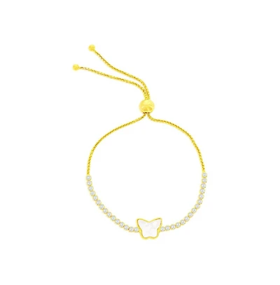 Caribbean Treasures Sterling Silver, Butterfly Mop Center, Cz Adjustable Bolo Bracelet