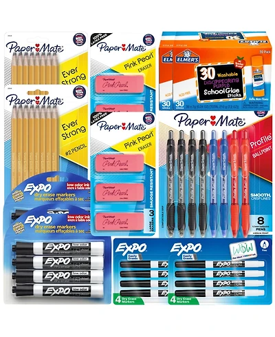 Back to School Value Pack – Elmer s, Paper Mate, Expo – Glue, Pens, Pencils, Markers & Eraser Sets (60+ Pieces)