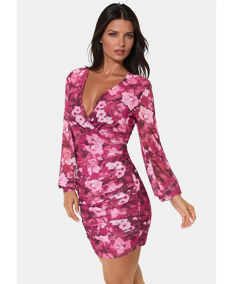 Bebe Women's Long Sleeve Faux Wrap Ruched Mini Dress