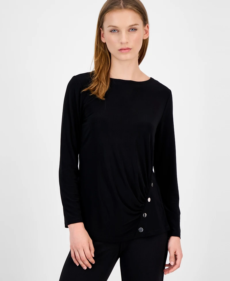 Ak Anne Klein Petite Ruched Long-Sleeve Top