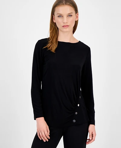 Ak Anne Klein Petite Ruched Long-Sleeve Top