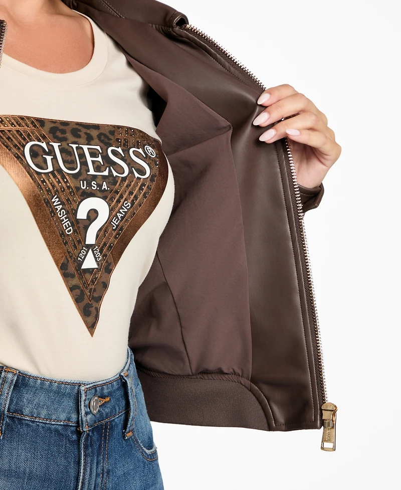 Guess Women's Faux-Leather Zip-Front Bomber Jacket