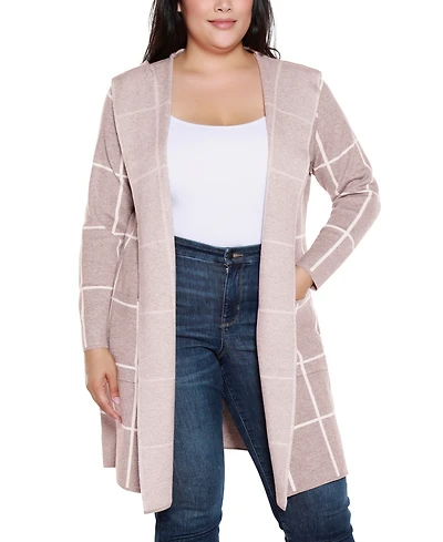 Belldini Plus Size Hooded Windowpane Plaid Cardigan Sweater