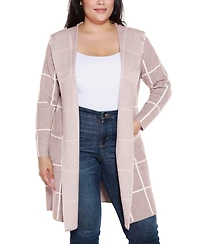 Belldini Plus Size Hooded Windowpane Plaid Cardigan Sweater