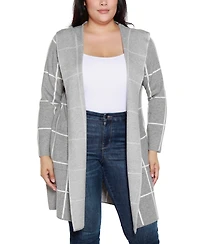 Belldini Plus Hooded Windowpane Plaid Cardigan Sweater