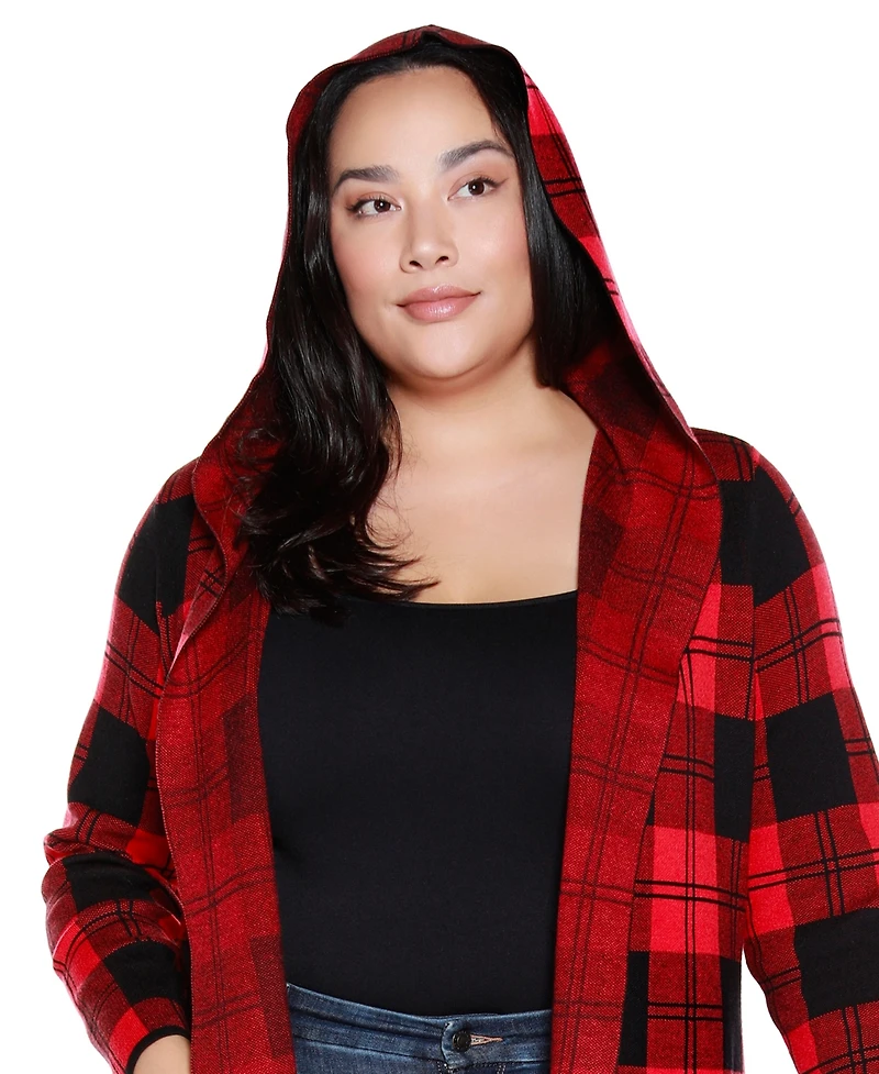 Belldini Plus Hooded Checkered Plaid Cardigan Sweater