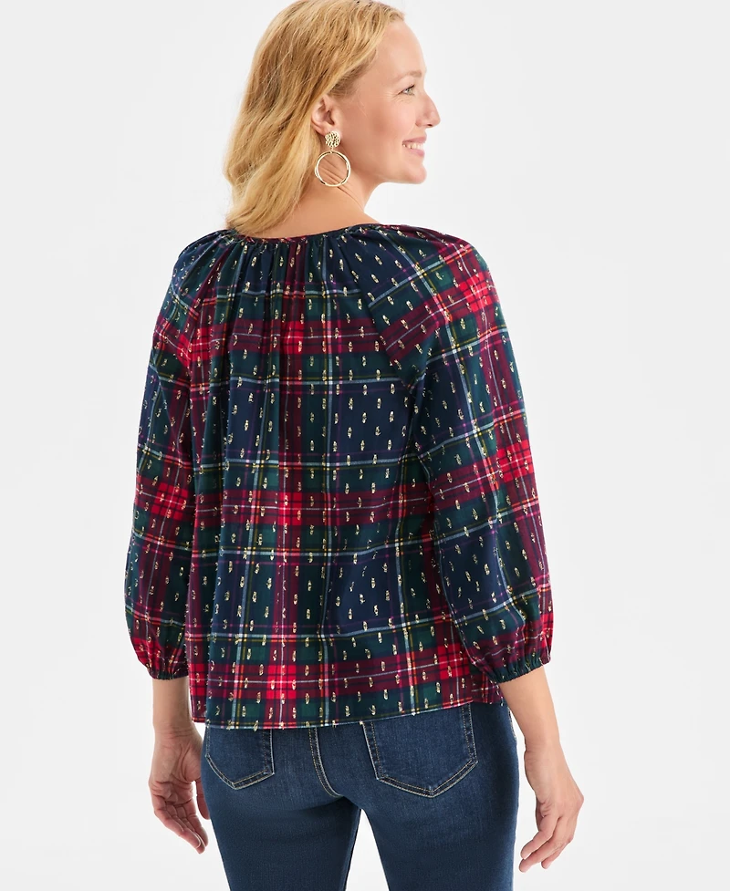 Style & Co Women's Plaid 3/4 Sleeve Split Neck Top with Lurex, Macy's Exclusive