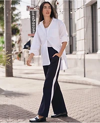 Lands' End Women's Petite Sport Knit High Rise Relaxed Straight Leg Side Stripe Pants
