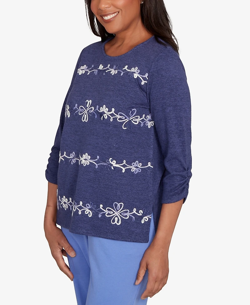 Alfred Dunner Lake Champlain Embroidered Scroll Ruched Sleeve Top