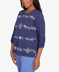 Alfred Dunner Lake Champlain Embroidered Scroll Ruched Sleeve Top