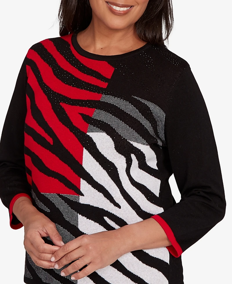 Alfred Dunner Jet Setter Zebra Colorblock Long Sleeve Sweater