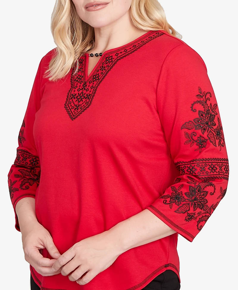 Alfred Dunner Jet Setter Knit Embroidered Sleeve Beaded Split Neck Top