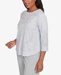 Alfred Dunner Women's Casual Vibe Asymmetrical Floral Embroidered Detail Top