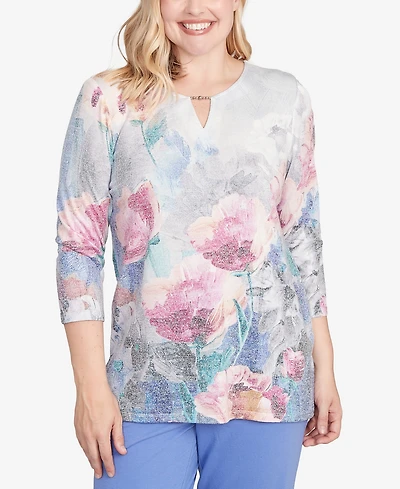 Alfred Dunner Casual Vibe Floral Brushstroke Beaded Split Neck Top