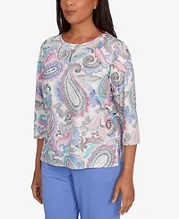 Alfred Dunner Casual Vibe Pleated Paisley Crew Neck Top