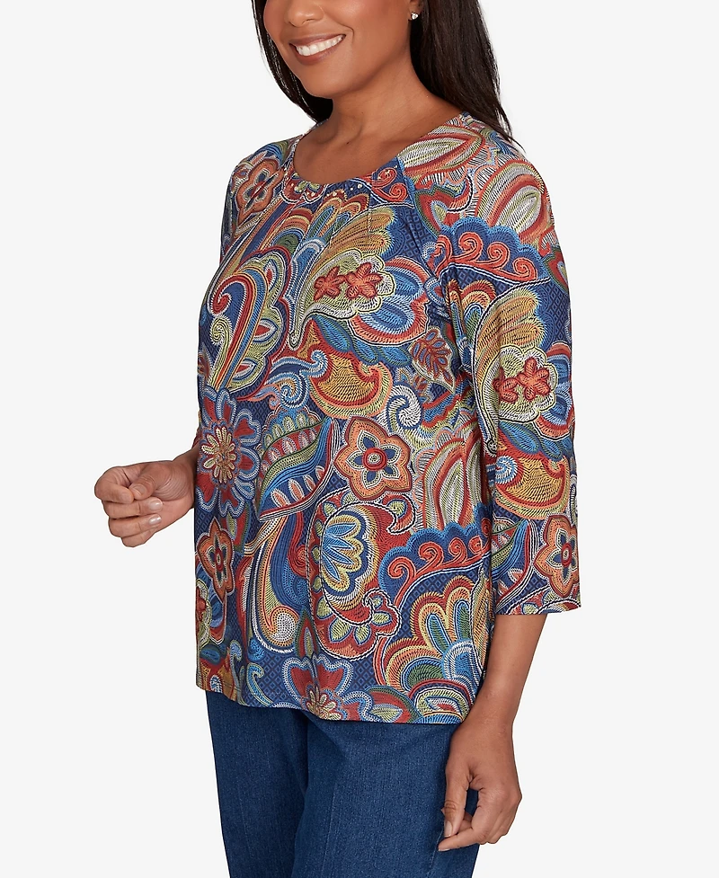 Alfred Dunner Sunset Canyon Stitched Floral Pleated Neck Top