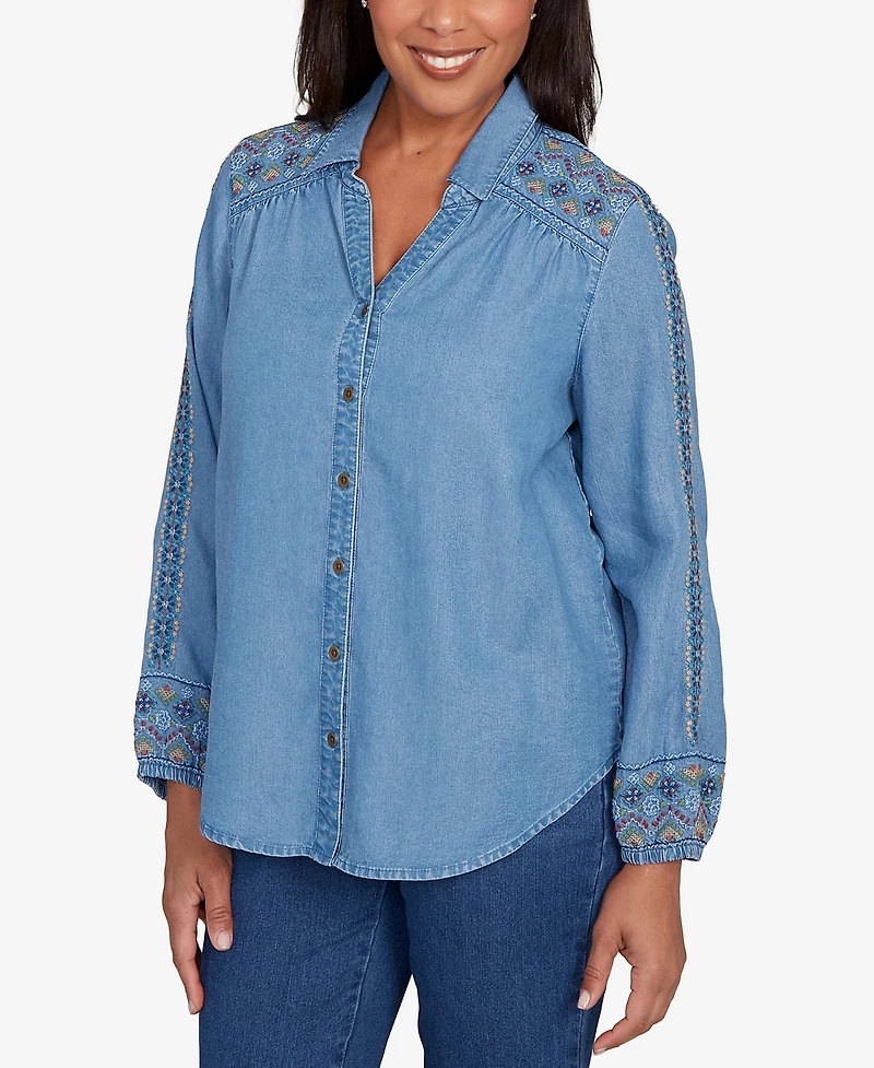 Alfred Dunner Sunset Canyon Needlepoint Embroidered Button Front Top
