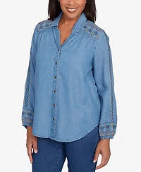 Alfred Dunner Sunset Canyon Needlepoint Embroidered Button Front Top