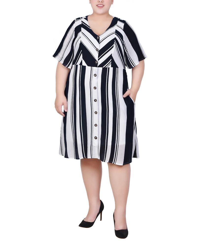 Ny Collection Plus Elbow Sleeve Button Front Dress