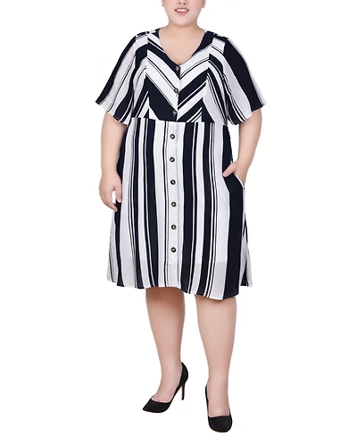 Ny Collection Plus Elbow Sleeve Button Front Dress