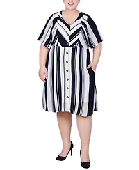 Ny Collection Plus Elbow Sleeve Button Front Dress