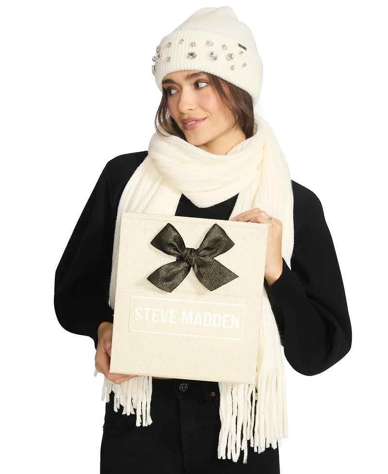 Steve Madden Women's Embellished Beanie and Knit Scarf Holiday Gift Set, 2-Piece