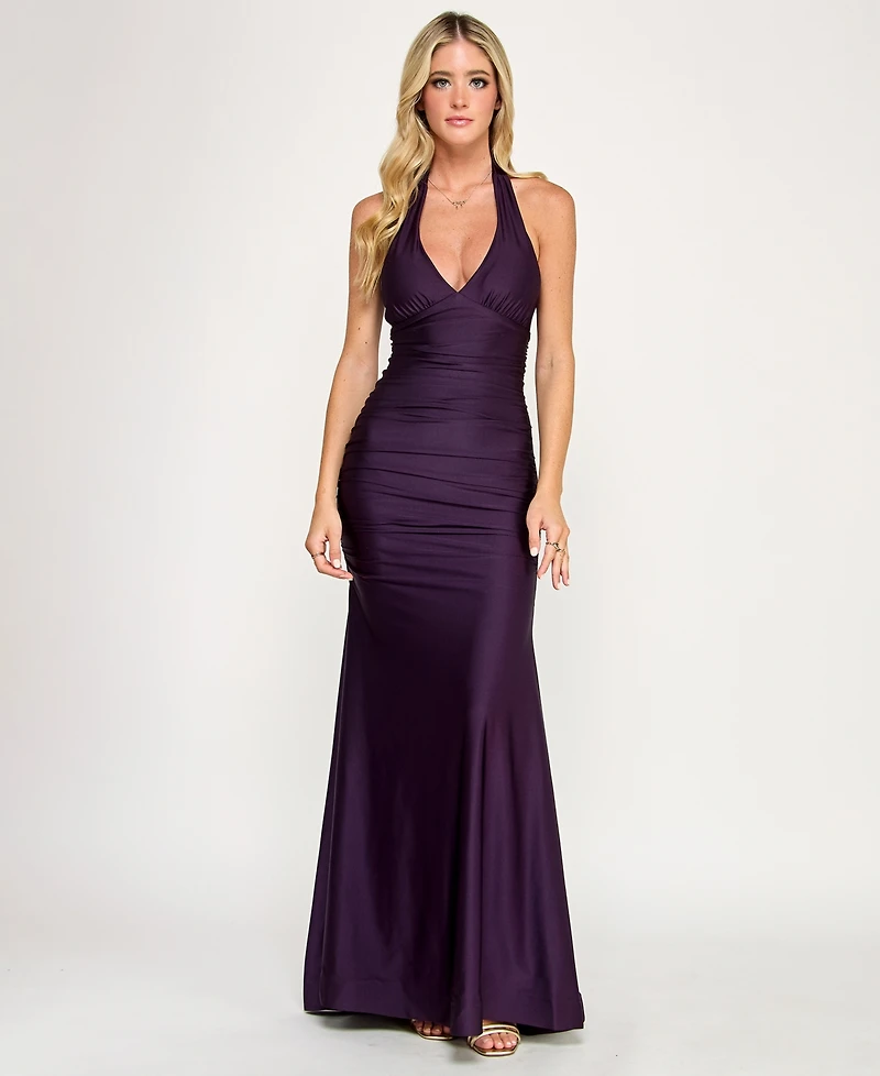 Emerald Sundae Juniors' Ruched Sleeveless Halter Gown